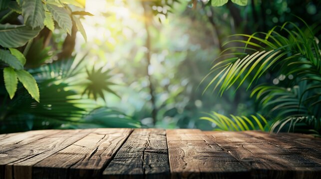 Wood tabletop counter podium floor in outdoors tropical garden forest blurred green blue leaf plant nature backgroundNatural product placement pedestal stand displaysummer jungle parad : Generative AI