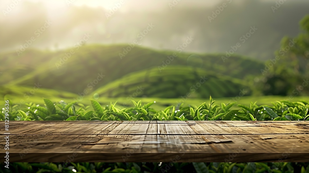 Poster wooden table top on blur green tea mountain and grass fieldfresh and relax conceptfor montage produc