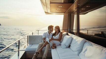 Romantic vacation and luxury travel Young loving couple sitting on the sofa on the modern yacht...