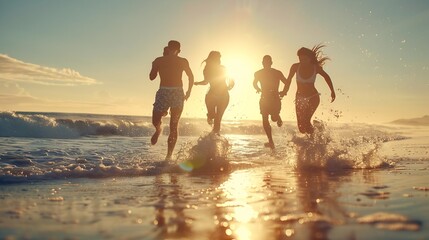 Four happy friends at sunset beach party runs to water : Generative AI