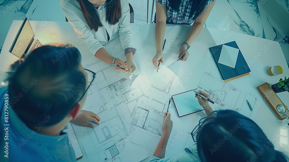 Aufkleber top view of group of smart asian architect interior design team consulting with constrction engineer work brainstrom  meeting with house project blueprint and home mockup in house reno : Generative AI