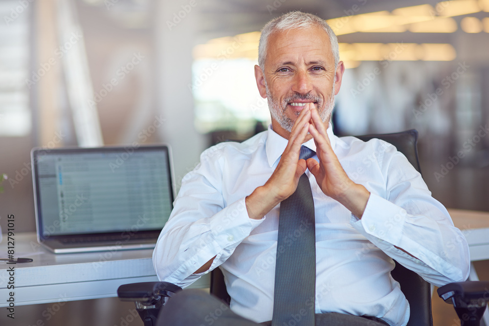 Poster mature businessman, ceo and portrait with confidence in office with laptop screen for trading inform
