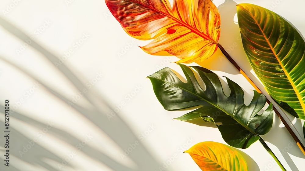 Poster creative layout of colorful riskus leaves on a white background in the rays of the sun with shadows 
