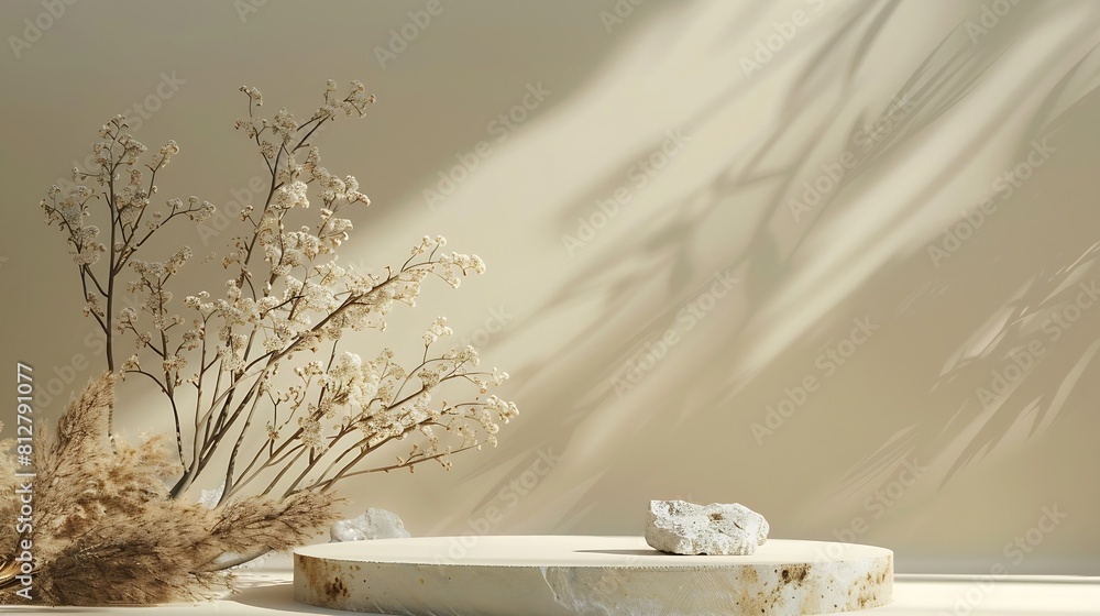 Poster composition empty podium material tree stone dry flowers product presentation background beige green