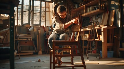 Young Woodworker Checking the Layout Manual of a Stylish Handmade Wooden Chair Talented Female Furniture Designer Working in a Workshop in a Creative Loft Space with Tools and Equipmen : Generative AI