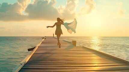 Carefree girl running on jetty while holding towel during vacation : Generative AI - Powered by Adobe