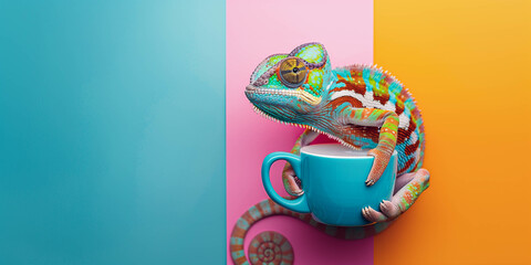 Chameleon and ceramic mug, minimal concept