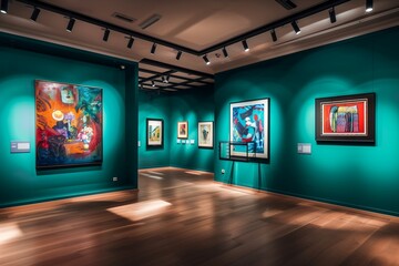 Modern Gallery Interior with Deep Teal Walls and Elegant Art Pieces, Providing Copy Space for Text,