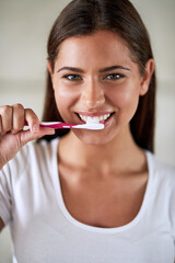 Portrait, woman and smile with toothbrush in bathroom at home for hygiene and clean teeth. Female...