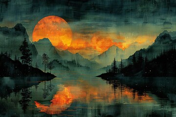 Sunset over the lake in the mountains,  Digital painting effect