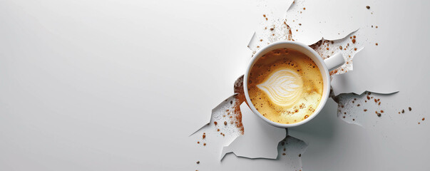 A cappuccino sticking out of a white background hole banner with space for a copy