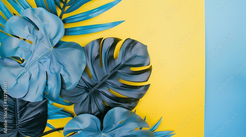 Poster creative layout made of colorful tropical leaves on yellow and blue background minimal summer exotic