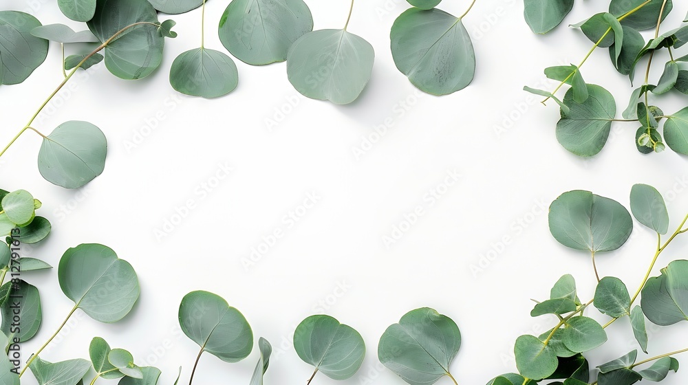 Poster green eucalyptus leaves frame banner top view isolated  on white background with copy space flat lay : Generative AI