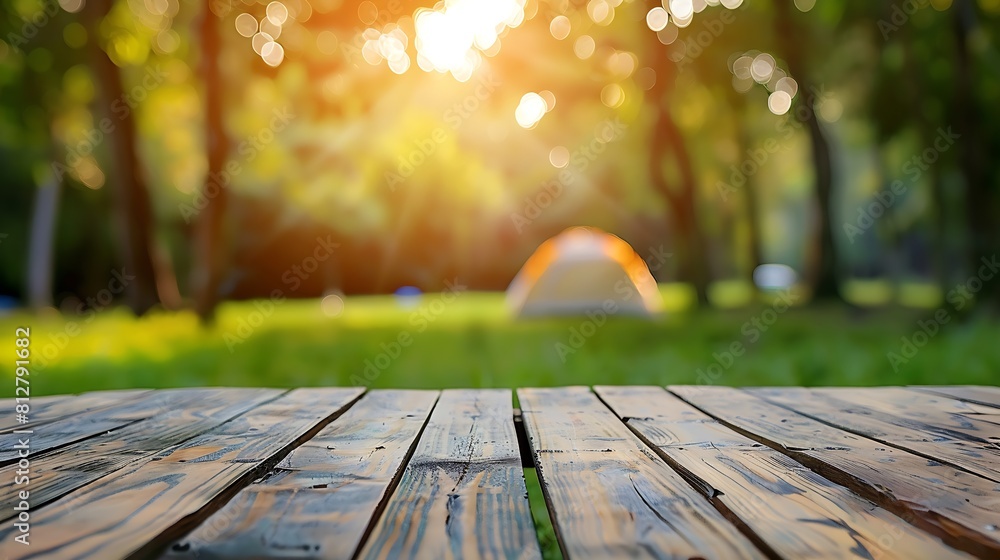 Aufkleber wooden table top on blur tent camping travel tent and grass field fresh and relax concept for montag