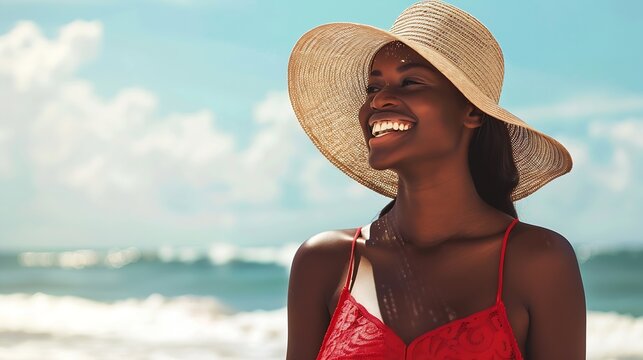 Beautiful african woman in red dress wearing straw hat smiling on the beach Female in sundress enjoying on the beach : Generative AI - Powered by Adobe