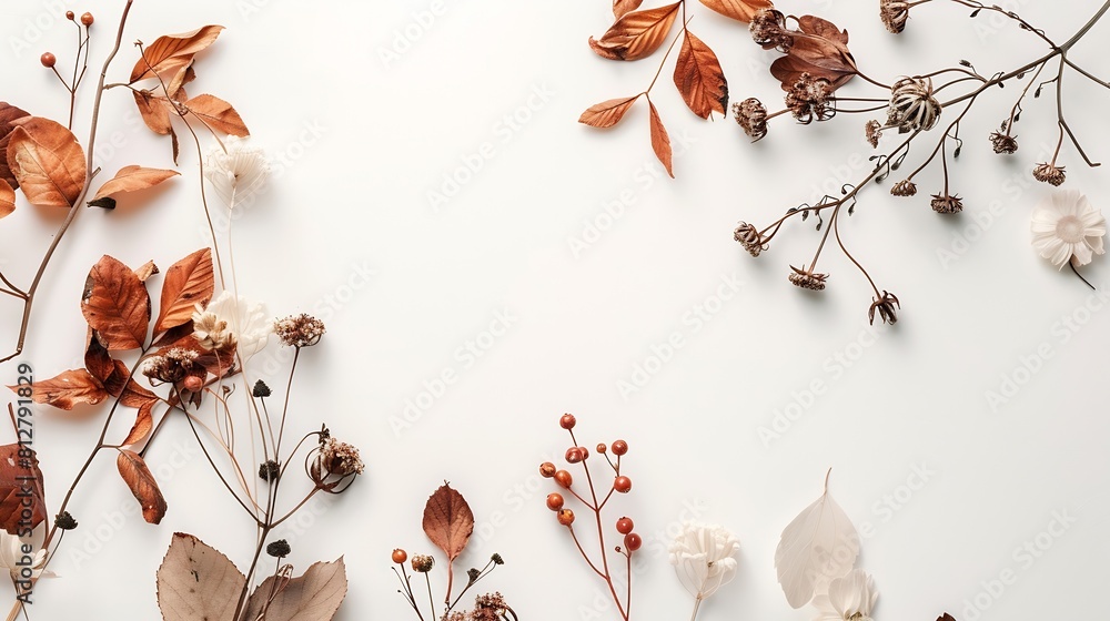 Poster autumn composition dried leaves flowers berries on white background autumn fall thanksgiving day con
