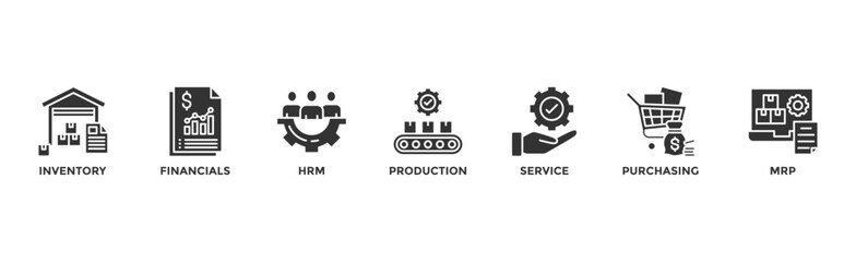ERP banner web icon illustration concept for enterprise resource planning with icon of inventory, financials, hrm, production, service, purchasing, and mrp