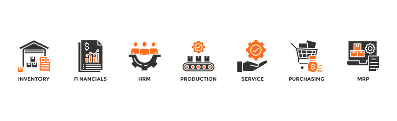 ERP banner web icon illustration concept for enterprise resource planning with icon of inventory, financials, hrm, production, service, purchasing, and mrp