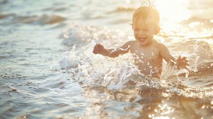 Happy child playing in the sea Kid having fun outdoors Summer vacation and healthy lifestyle concept Toned image : Generative AI