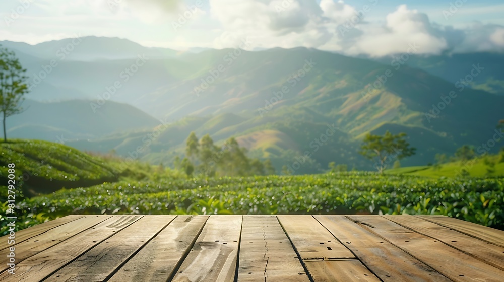 Poster wooden table top on blur green tea mountain and grass fieldfresh and relax conceptfor montage produc