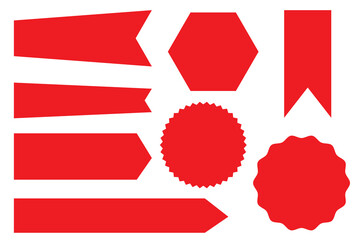 Red ribbon label. Price discount promotion banner, special offer sticker. Vector isolated set