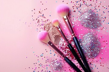 Professional cosmetic makeup brushes banner featuring an explosion of shiny pink and multicolored glitter on a pastel pink background with space for your text. Creative makeup concept.