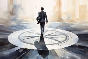 Craft a visually stunning image of a businessman walking confidently forward