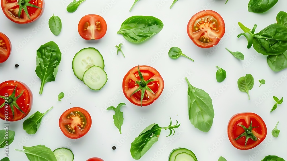 Poster creative layout made of tomato cucumber and salad leaves on the white background flat lay food conce