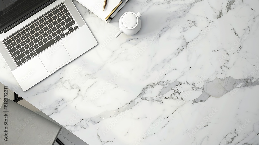 Poster White marble office desk table with laptop computer and supplies Top view with copy space flat lay : Generative AI