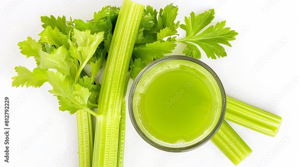 Poster Fresh green celery and glass with celery juice isolated on white background Creative layout Healthy eating and dieting food concept Design element Top view flat lay : Generative AI