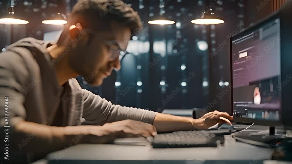 Poster man working on computer in dark room generative ai