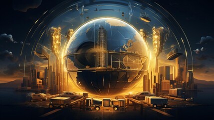 Deliver a visually striking high-angle view of a complex supply chain