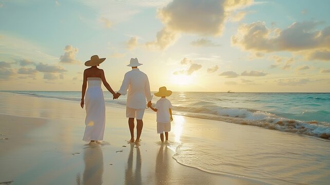 A elegant family in white summer clothing walks hand in hand down a tropical paradise beach during sunset tme and enjoys their vacation time : Generative AI