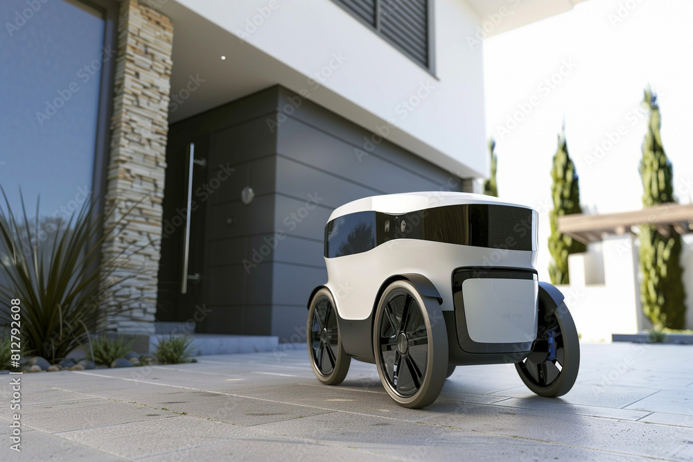 Poster autonomous delivery robot with a package navigating a residential driveway