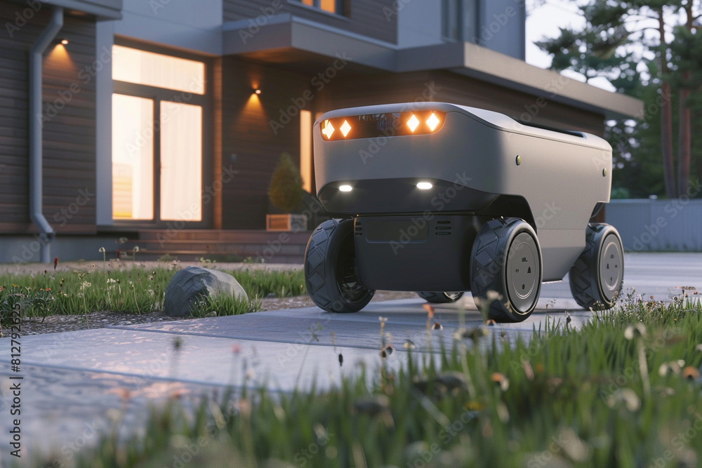 Poster autonomous delivery robot with a package navigating a residential driveway