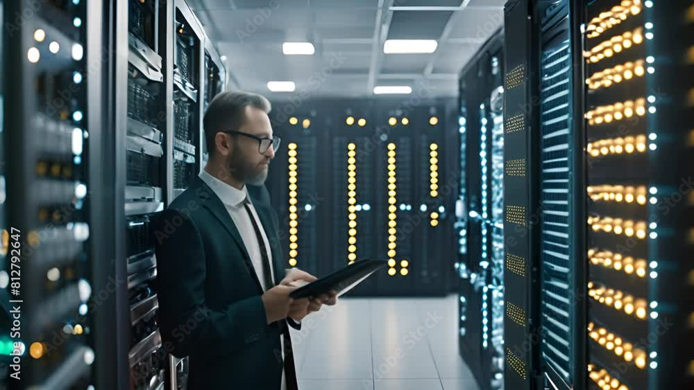 Poster man in suit using phone in server room generative ai
