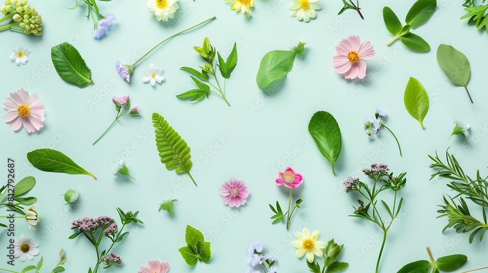 Poster creative layout made of colorful spring flowers and green leaves minimal holiday concept flat lay pa