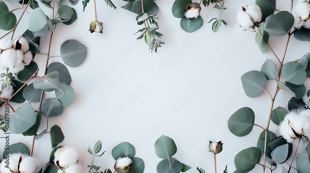 Poster flowers composition frame made of fresh eucalyptus branches and cotton flowers flat lay top view cop