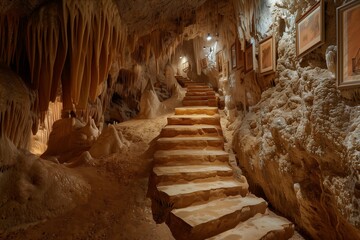 Stalactite-Covered Stairs in Cave with Peach Art Gallery, Lit by Subtle Artificial Lighting