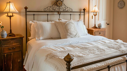 A handcrafted king-size bed with a wrought-iron headboard and crisp white linens. Antique side tables in a weathered wood finish flank the bed, each adorned with a ceramic lamp and a family heirloom.
