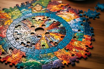 Obraz premium Design a high-angle shot of a jigsaw puzzle showcasing a harmonious blend of colors and symbols denoting ethical ideals like compassion