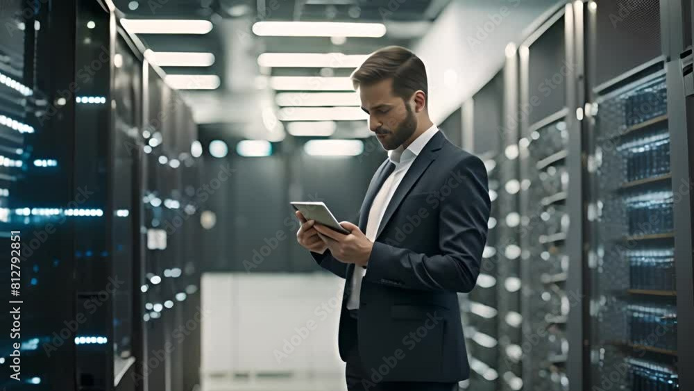 Poster man in suit using tablet in server room generative ai