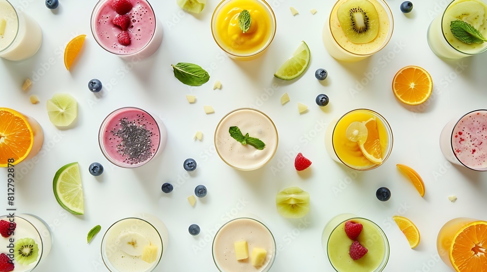 Aufkleber creative layout made of smoothies and fruits around flat lay food concept smoothies on the white bac