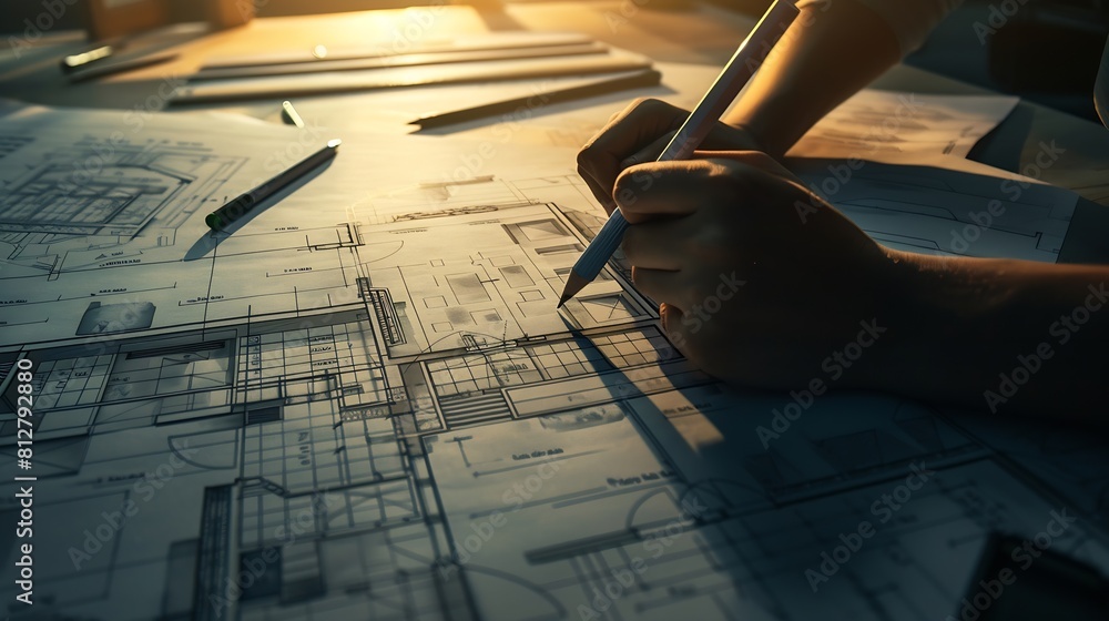 Poster Top view of architect drawing on architectural project : Generative AI