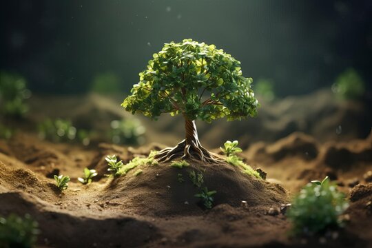 Illustrate a mesmerizing, high-angle view of a tiny seedling sprouting into a magnificent tree, using detailed CG ing to convey a sense of wonder and transformation