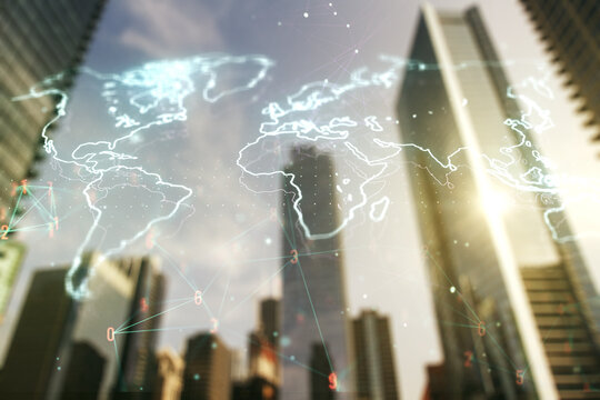 Abstract creative digital world map on modern architecture background, globalization concept. Multiexposure - Powered by Adobe