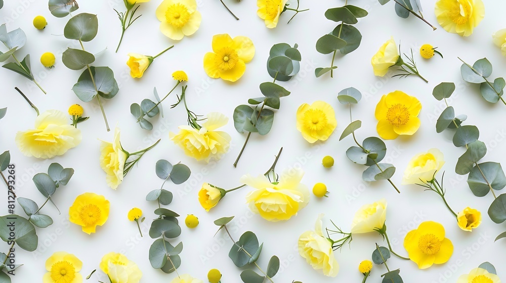 Poster flowers composition pattern made of yellow flowers and eucalyptus leaves on white background flat la