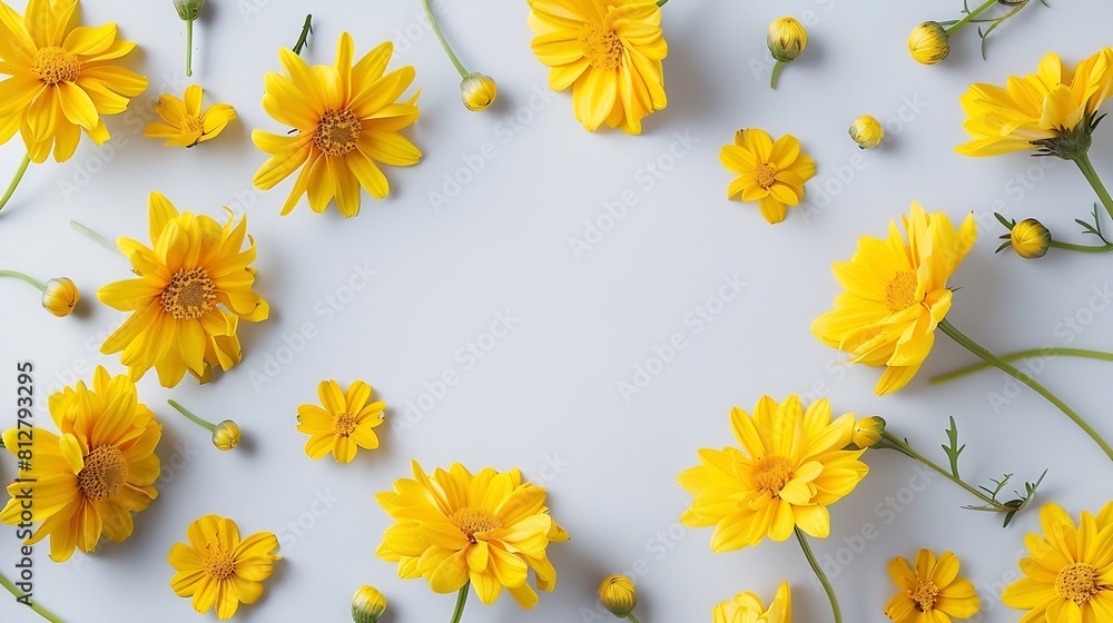 Poster flowers composition yellow flowers photo frame on pastel gray background spring summer concept flat 