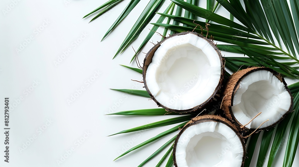 Poster fresh coconut and palm leaf creative layout isolated on white background food healthy eating and die