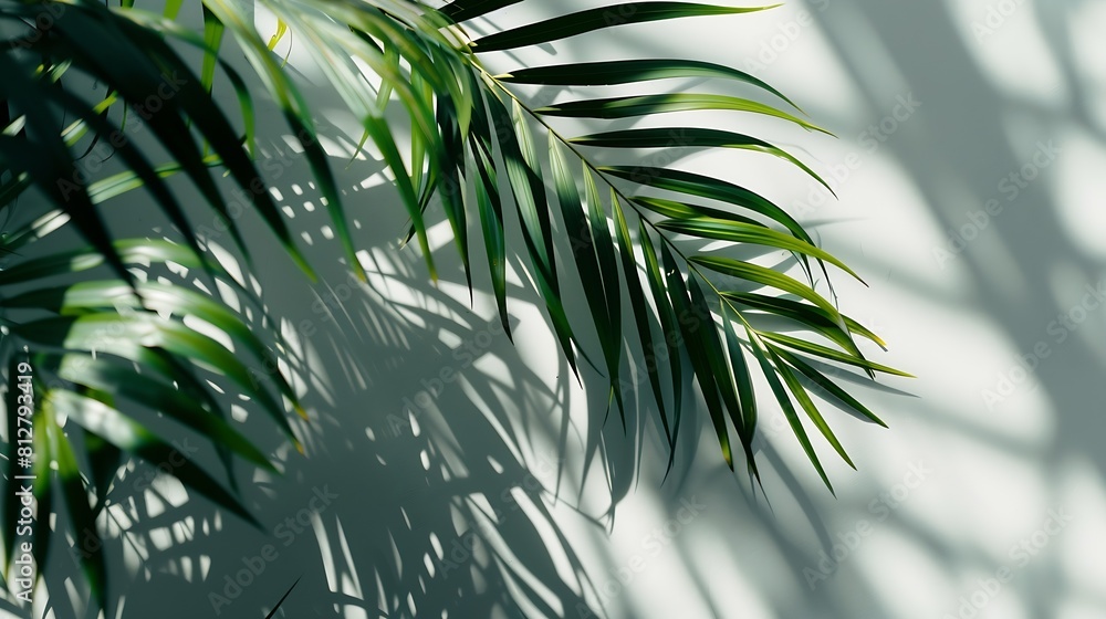 Poster summer green leaves of coconut palm and shadow free space for your decoration and gray background : 